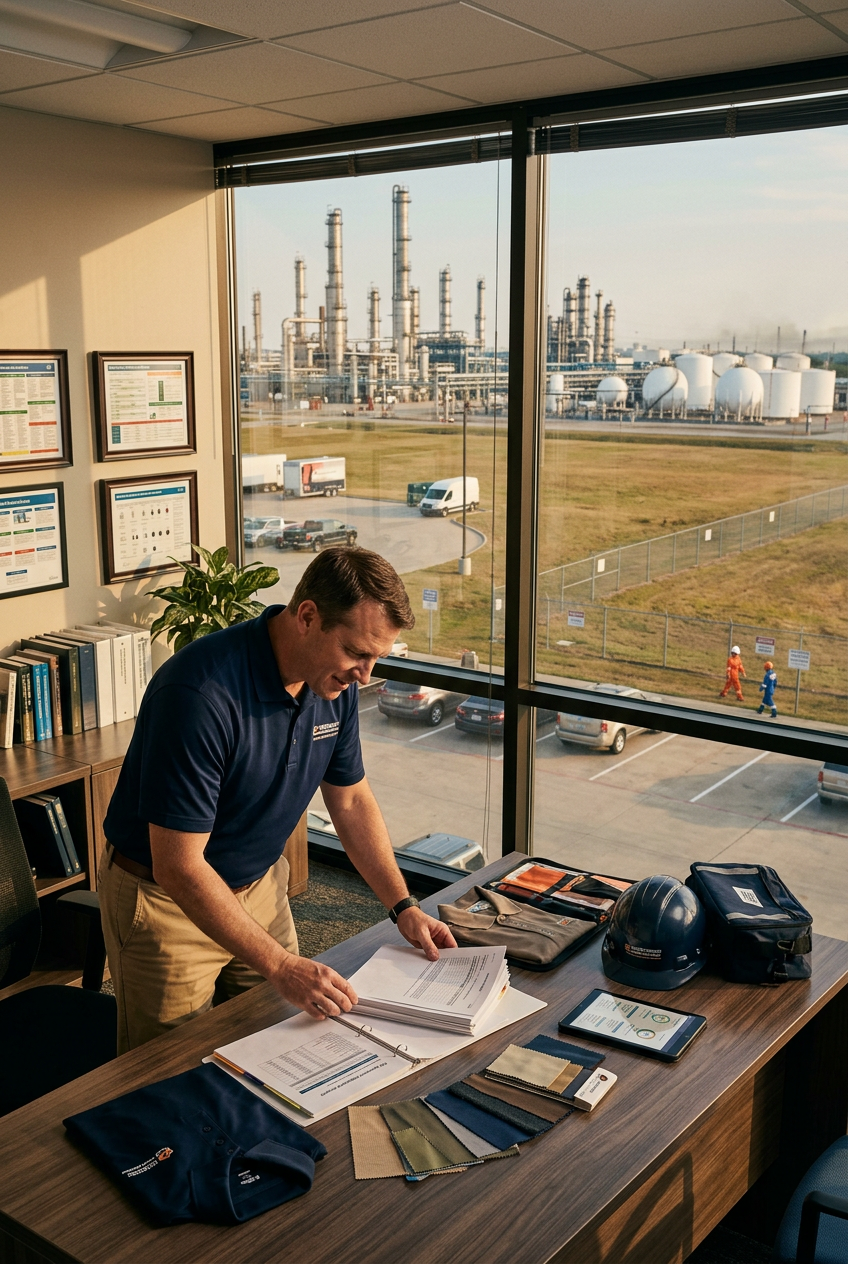 A safety director reviewing FR compliance documents and branded merchandise samples in an office overlooking a chemical plant. Proof that Brand Junkie operates both the promotional and workwear sides of the business from one team.